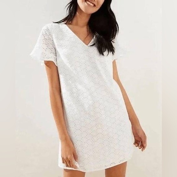 LOFT Dresses & Skirts - Loft - NWT Eyelet White Flutter Sleeve V Neck Lined Mini Shift Dress Size 10